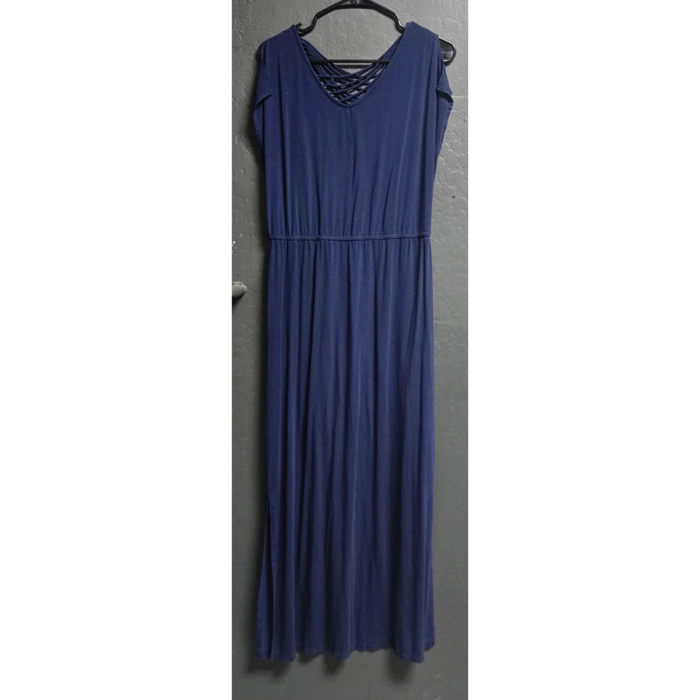 Chicos Navy Blue Lattice Back Maxi Dress Petite Size 1 Rayon Stretch Sleeveless